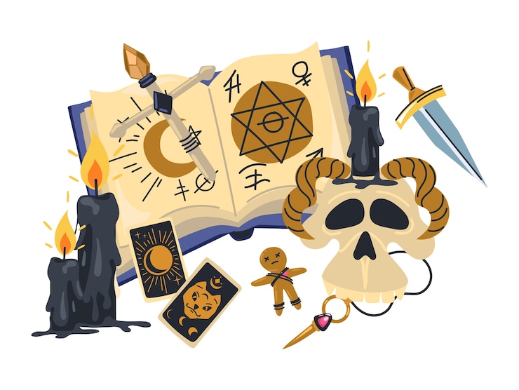 Vetor composição desenhada à mão de magia e bruxaria