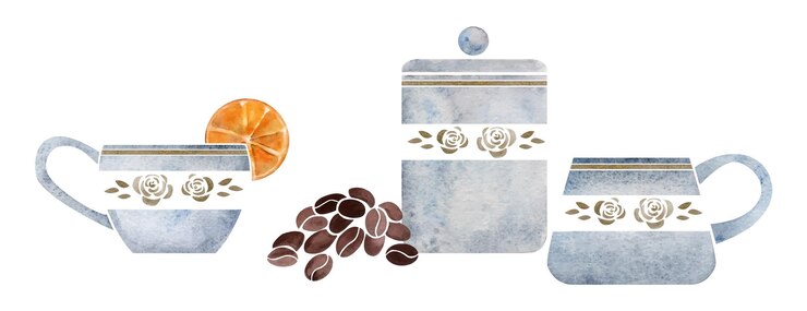 Vetor composição desenhada à mão em aquarela com porcelana capuccino e xícaras de café douradas, potes de feijão, laranja isolado em fundo branco para convites, café, restaurante, menu de comida, impressão, cartões de site