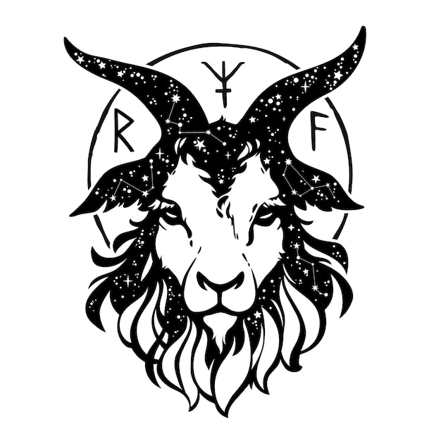 Vetor composição do crânio de cabra e símbolos mágicos