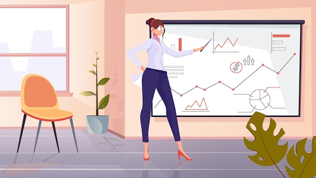 Composição do treinador financeiro com cenário de escritório plano e personagem feminina perto do quadro com desenhos de diagramas