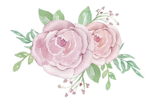 Composição em aquarela com flores e hortaliças. Ilustração de rosas e folhas.