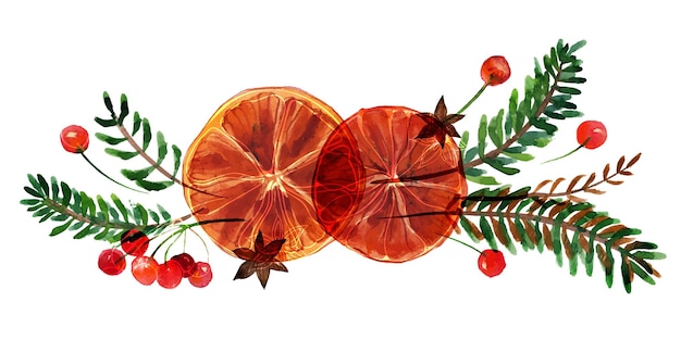 Composição em aquarela de Natal com ramos de pinheiro e laranjas