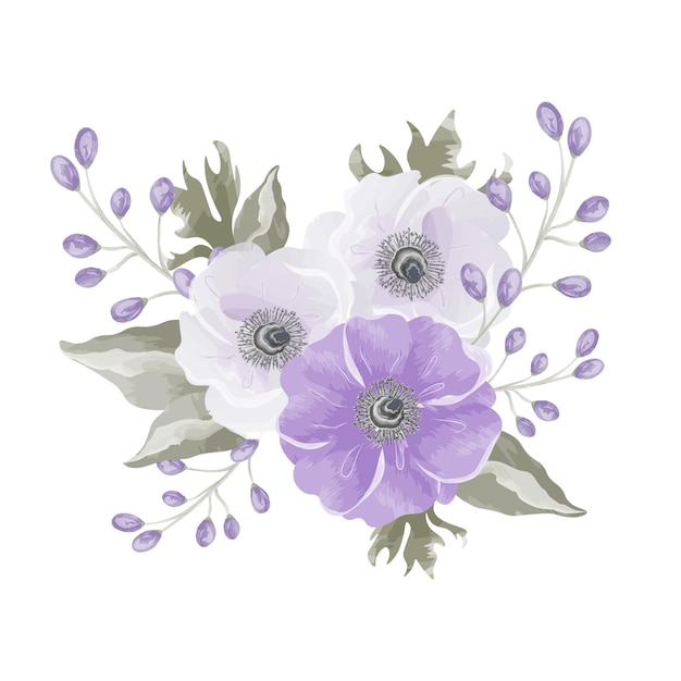 composição em aquarela de três flores roxas e rosa