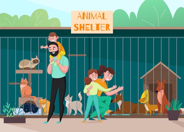 Composição familiar de abrigo de animais com personagens de cenários ao ar livre de crianças e pais em frente à ilustração da gaiola
