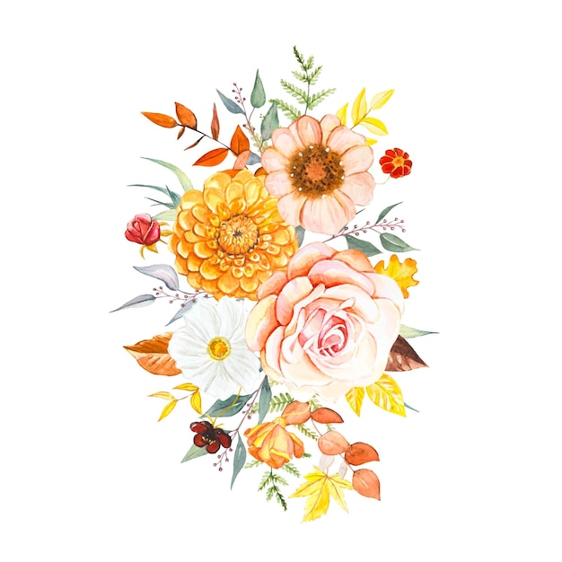 Composição floral de flores de outono em aquarela