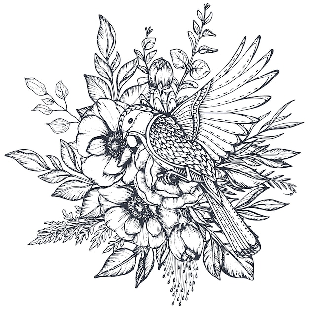 Composição floral em preto e branco de folhas de botões de flores de anêmona desenhada à mão e pássaros ornamentados