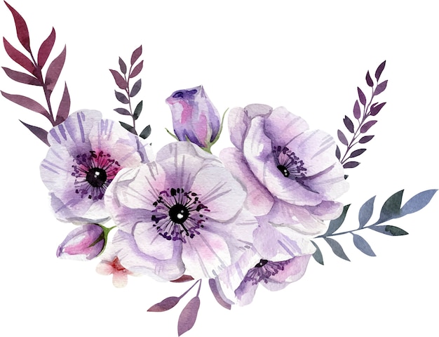 Composição floral roxa em aquarela no estilo boho