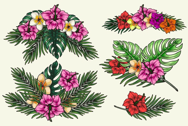 Composição floral tropical vintage colorida com flores de plumeria e hibisco, palmeira e folhas de monstera