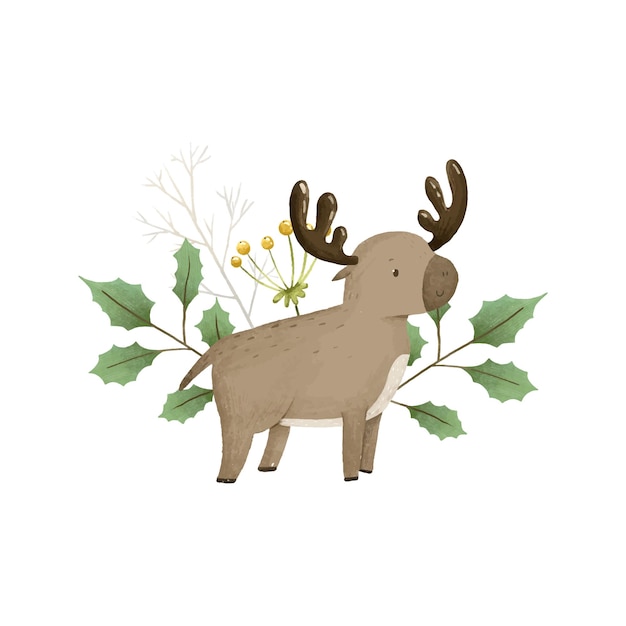 Composição infantil fofa com desenho e impressão de animais da floresta e folhas de plantas