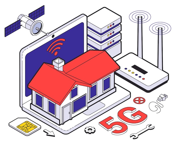 Vetor composição isométrica 5 g de hospedagem na web com rede sem fio em casa e serviços em nuvem para o trabalho