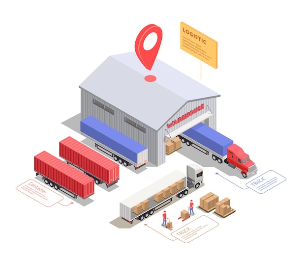 Composição isométrica com caminhões e contêineres perto do edifício do armazém e trabalhadores carregando carga ilustração 3d