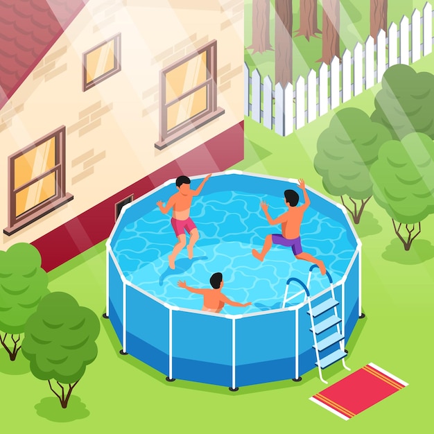 Vetor composição isométrica da piscina com vista ao ar livre do quintal da casa suburbana com crianças flutuando dentro da ilustração do vetor da piscina