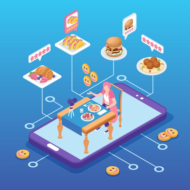 Composição isométrica de classificação de restaurante com blogueiro de comida e ilustração vetorial de revisão na internet