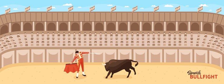 Vetor composição isométrica de corrida de tourada com vista panorâmica da arena de luta com caráter de toureiro e touro