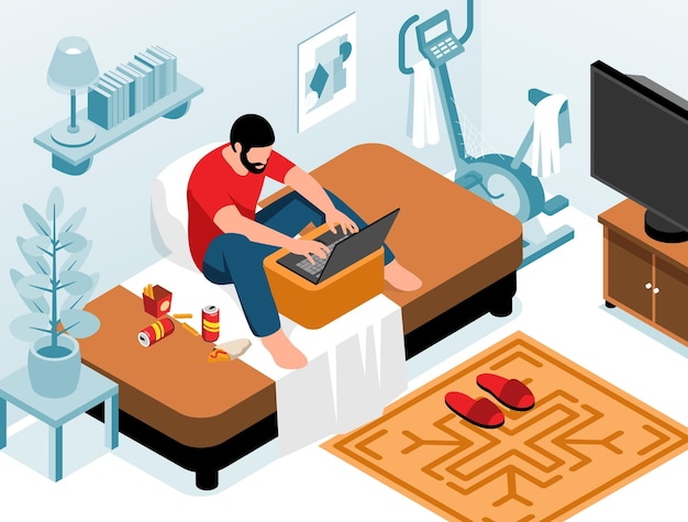 Composição isométrica de estilo de vida sedentário com cenário de sala de estar e freelancer masculino sentado na cama com ilustração vetorial de laptop