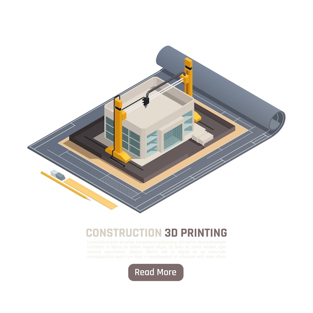 Composição isométrica de impressão 3D com plano de ilustração de construção civil