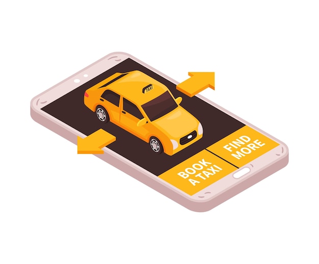 Composição isométrica de navegação de táxi com imagem de smartphone com setas amarelas de táxi e ilustração vetorial de botões de texto