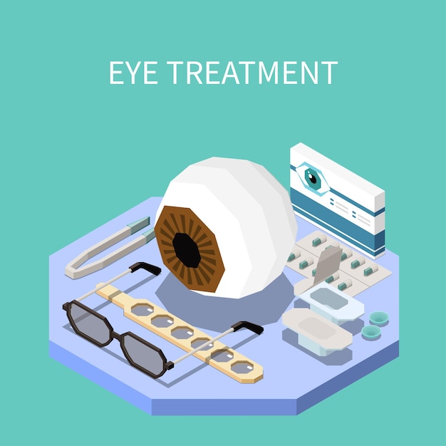 Vetor composição isométrica de oftalmologia com equipamento de tratamento de olhos ilustração 3d