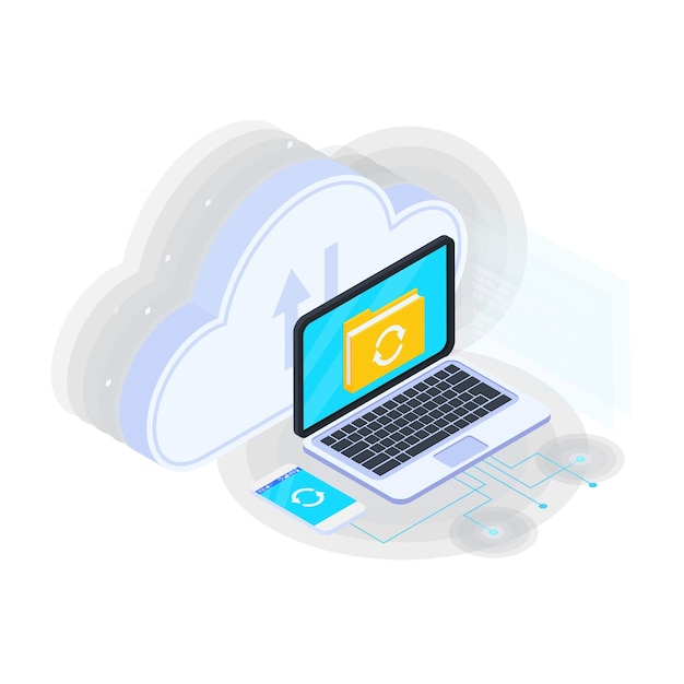Composição isométrica de serviços em nuvem com ícones de laptop com pasta no sinal de sincronização de tela e smartphone com ilustração vetorial de nuvem