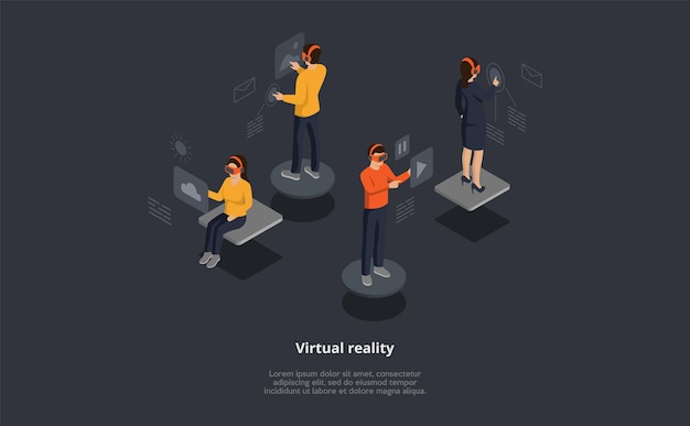 Composição isométrica do vetor de realidade virtual. Personagens de desenhos animados 3D usam fone de ouvido com interface de toque. Grupo de pessoas verificando e-mails, procurando fotos, músicas online