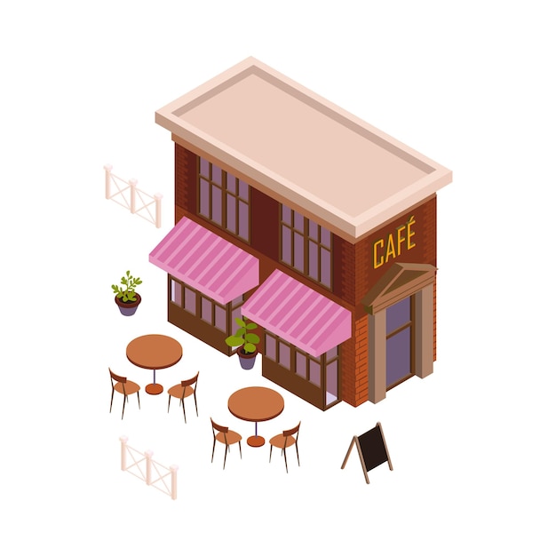 Composição isométrica interior de restaurante e cafeteria com imagem isolada do edifício de café com ilustração vetorial de assentos ao ar livre
