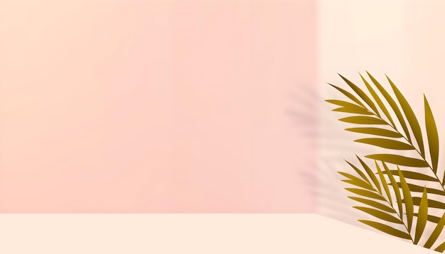 Composição minimalista com folhas de palmeira douradas e parede rosa