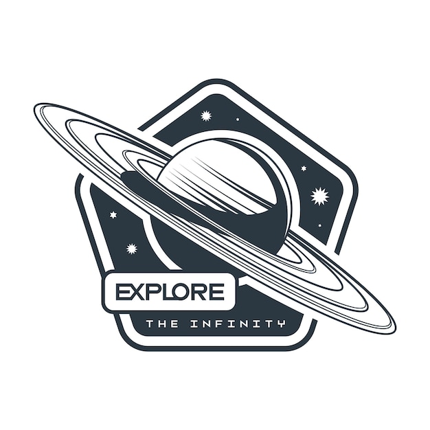 Composição monocromática de emblema espacial com texto e planeta saturno em frente ao céu estrelado ilustração vetorial