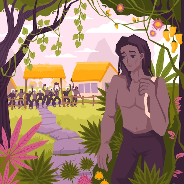 Vetor composição plana de coloração de mogli com o herói entrou na selva de sua aldeia ilustração vetorial