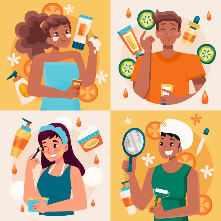 Vetor composição plana de cuidados com a pele desenhada à mão com mulheres e homens usando produtos para a pele