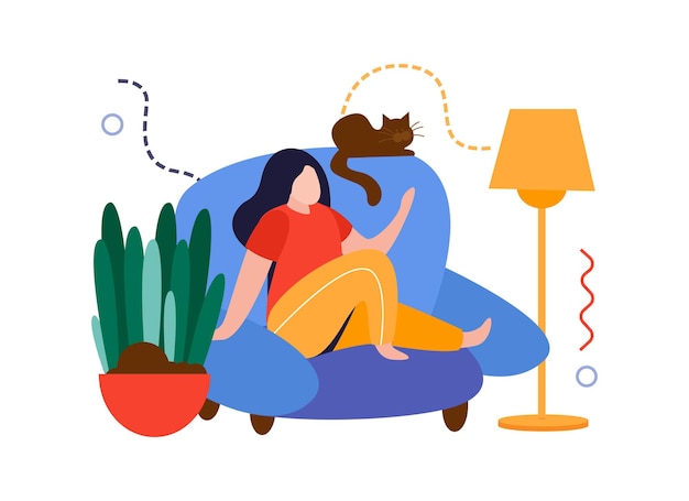 Composição plana de jardim doméstico com menina sentada no sofá com ilustração vetorial de gato e planta doméstica