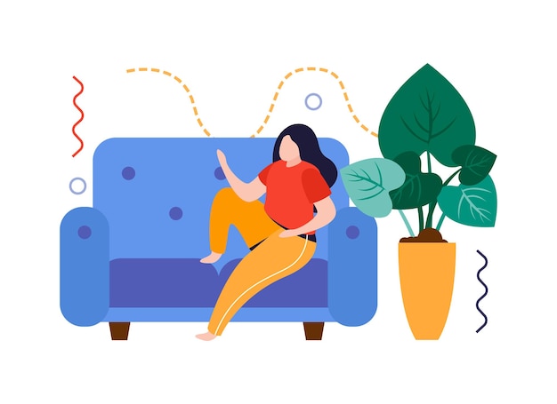 Vetor composição plana de jardim doméstico com mulher relaxante no sofá com ilustração vetorial de planta doméstica