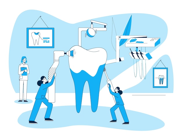 Vetor composição plana de odontologia com vista para consultório médico e pequenos personagens humanos cuidando da ilustração vetorial de dentes