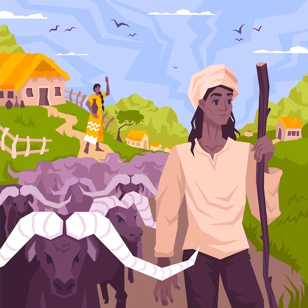 Composição plana de página de coloração de Mogli com cenário de aldeia exótica com personagem de gado com ilustração vetorial de animais com chifres