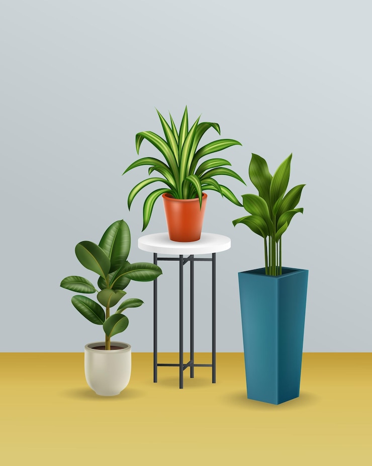 Vetor composição realista colorida com três plantas de casa, uma das quais está de pé em uma ilustração vetorial de fezes