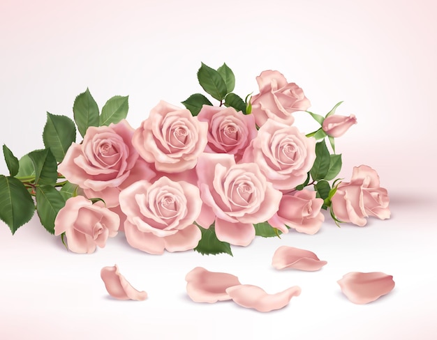 Composição realista com buquê de lindas rosas e pétalas de ilustração