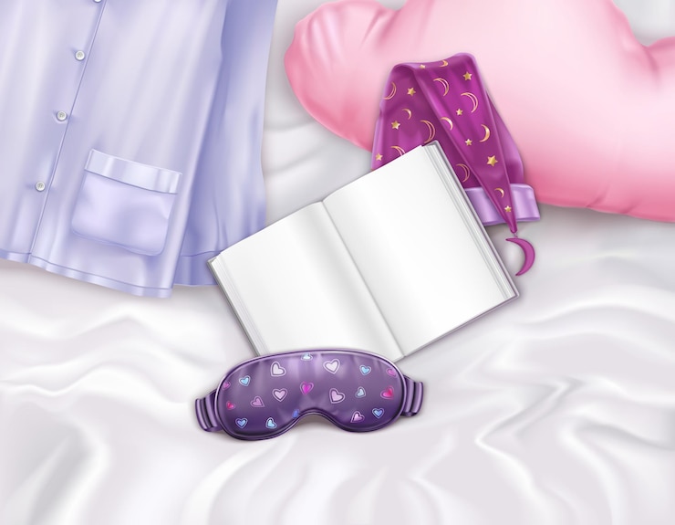 Vetor composição realista com travesseiro de acessórios para dormir e livro na cama