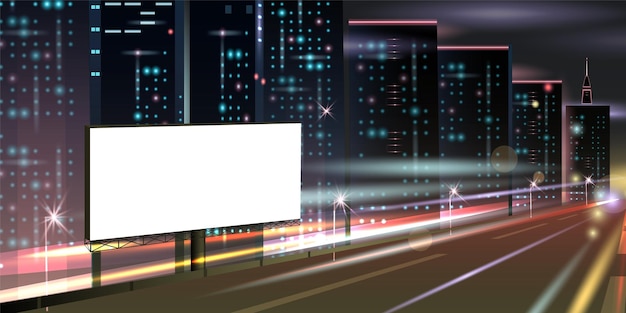 Composição realista da bandeira da cidade noturna com vista para a estrada da autoestrada com outdoor vazio e ilustração vetorial de edifícios brilhantes