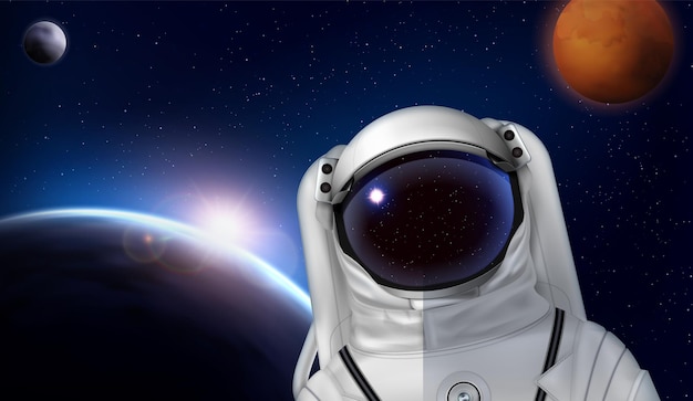 Composição realista do capacete espacial do astronauta com o personagem do cosmonauta em traje espacial na frente da ilustração das imagens dos planetas