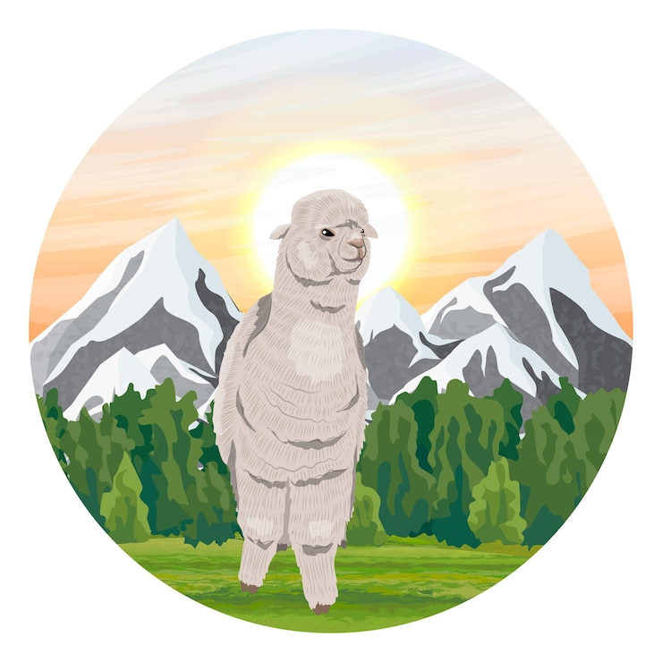 Vetor composição redonda alpaca em um vale perto de montanhas com picos nevados