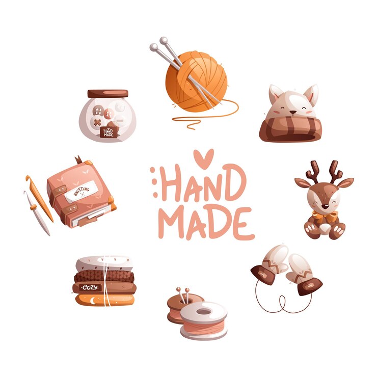 Vetor composição redonda inscrição artesanal e elementos relacionados a tricô e brinquedos de malha amigurumi