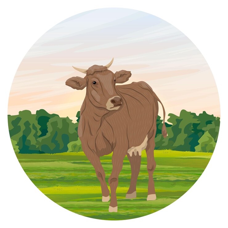 Vetor composição redonda vaca em um prado de verão com grama verde e flores desabrochando