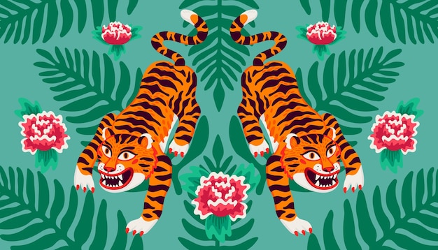 Composição simétrica de tigre asiático com folhas de palmeira e flores em desenho animado estilo asiático