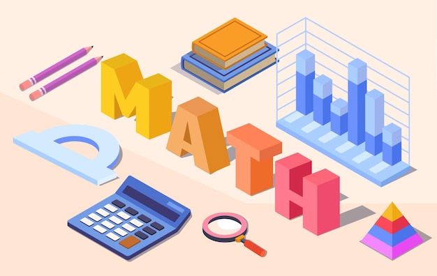 Composição temática matemática com letras 3D em negrito calculadora lápis livros gráficos e formas geométricas em