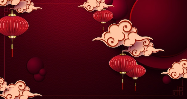 Composição vermelha com lanternas asiáticas em estilo de arte de papel de pingentes e nuvens