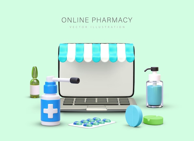 Composição vetorial para farmácia on-line Laptop aberto com medicamentos de dossel de loja em embalagens