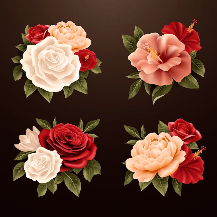 Vetor composições de flores vintage em estilo realista