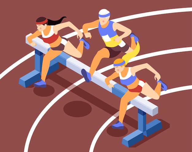 Vetor composições de ilustração isométrica de competição de corrida de pista de esporte com atletas correndo correndo com obstáculos, saltando sobre obstáculos