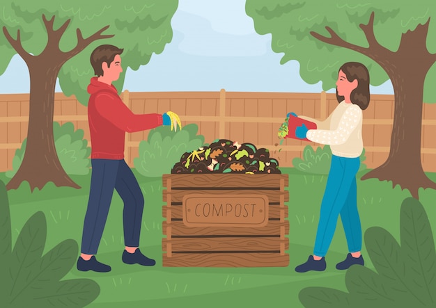 Compostagem. homem e mulher fazendo adubo ao ar livre no jardim. conceito de reciclagem.