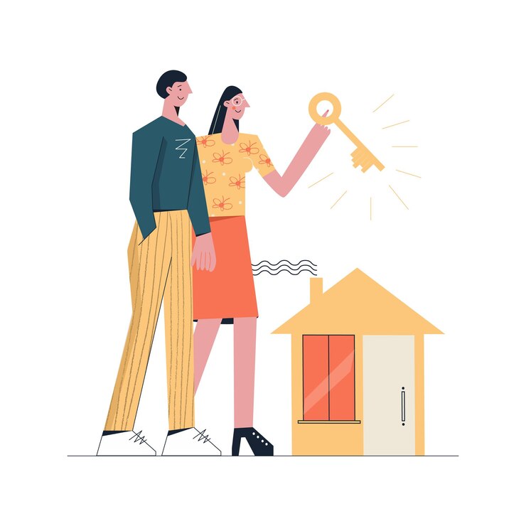 Vetor compra e aluguel de imóveis. um casal está comprando uma casa. hipoteca bancária fechada, casa própria. família jovem segurando a chave de sua casa. ilustração em vetor plana moderna isolada no fundo branco