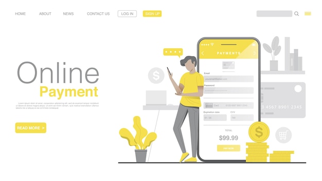 Vetor compra online e pagamento online na página inicial do aplicativo móvel
